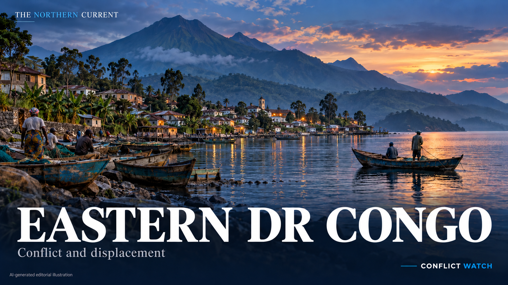 AI-generated atmospheric cover of eastern DR Congo with a lakeside community, mountain landscape and white-and-blue Conflict Watch wordmark; not documentary photography of present conditions