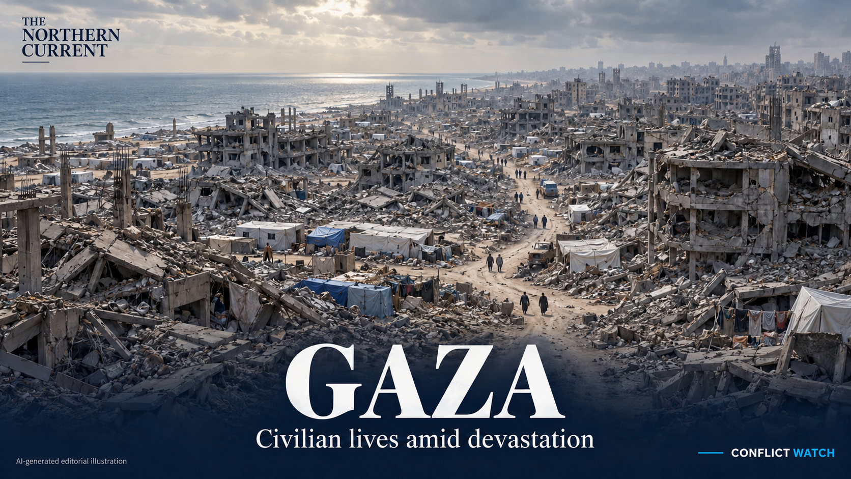 AI-generated editorial illustration of Gaza’s devastated coastal urban landscape, rubble, damaged buildings and makeshift shelters; not a documentary photograph