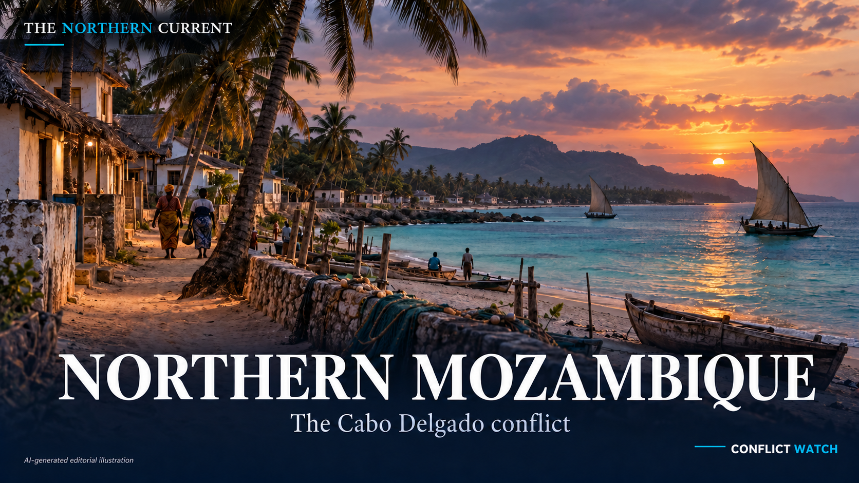 AI-generated atmospheric cover of a northern Mozambican coastal community with the Northern Mozambique title and white-and-blue Conflict Watch wordmark; not documentary photography of current conditions