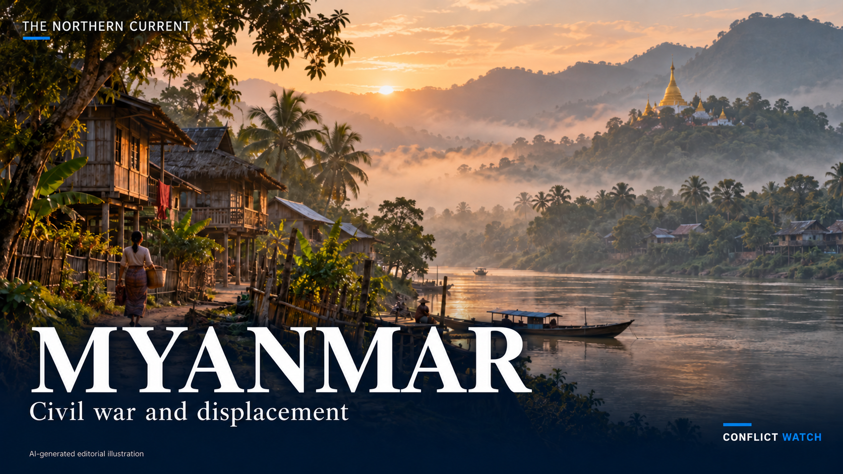 AI-generated atmospheric Myanmar cover with a river community, wooded hills and white-and-blue Conflict Watch wordmark; not documentary photography of Ponnagyun or present conditions