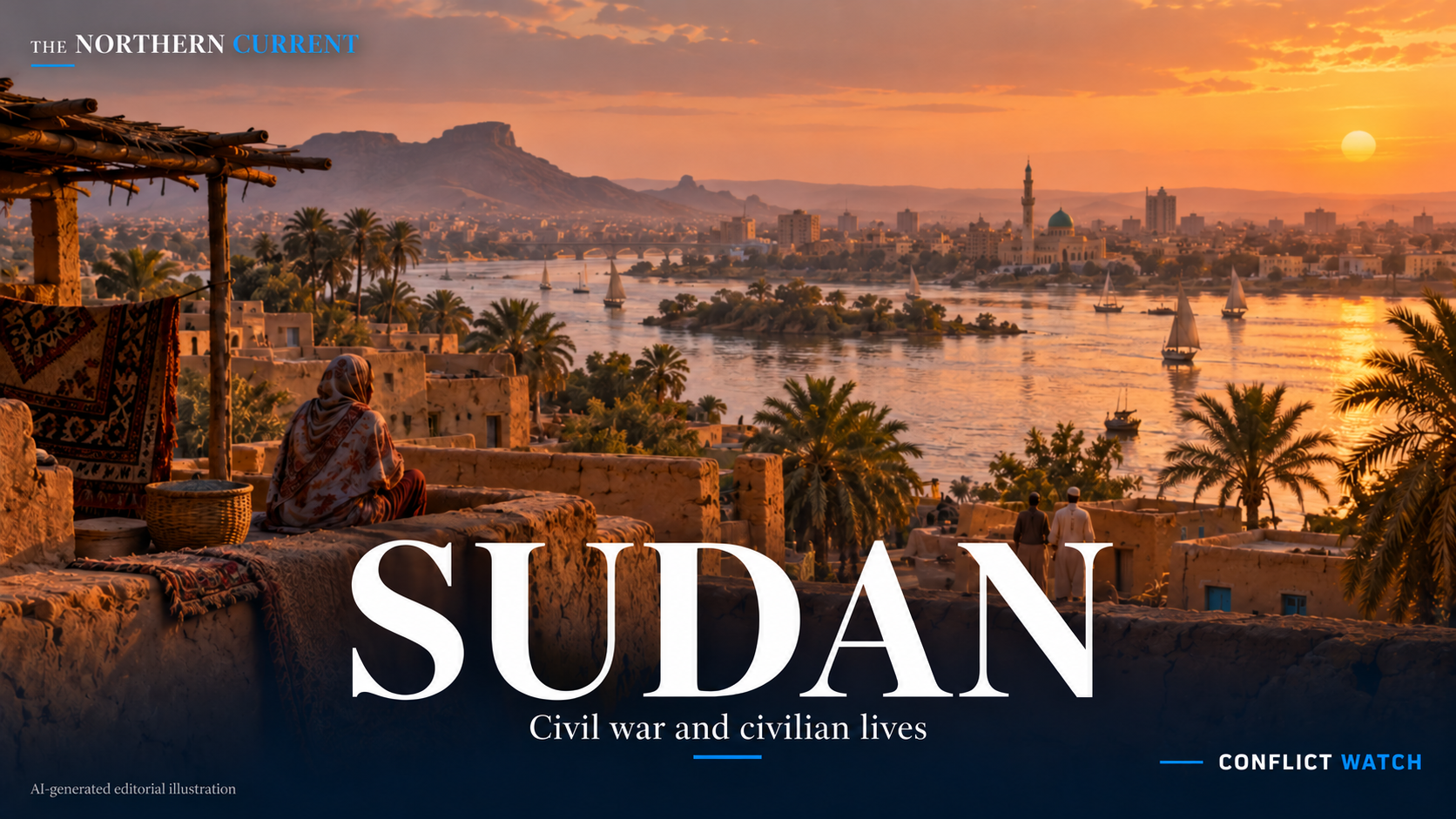 AI-generated atmospheric illustration of a Sudanese river landscape with the Sudan title and Conflict Watch wordmark; not a documentary photograph of Darfur, Kordofan or current conditions