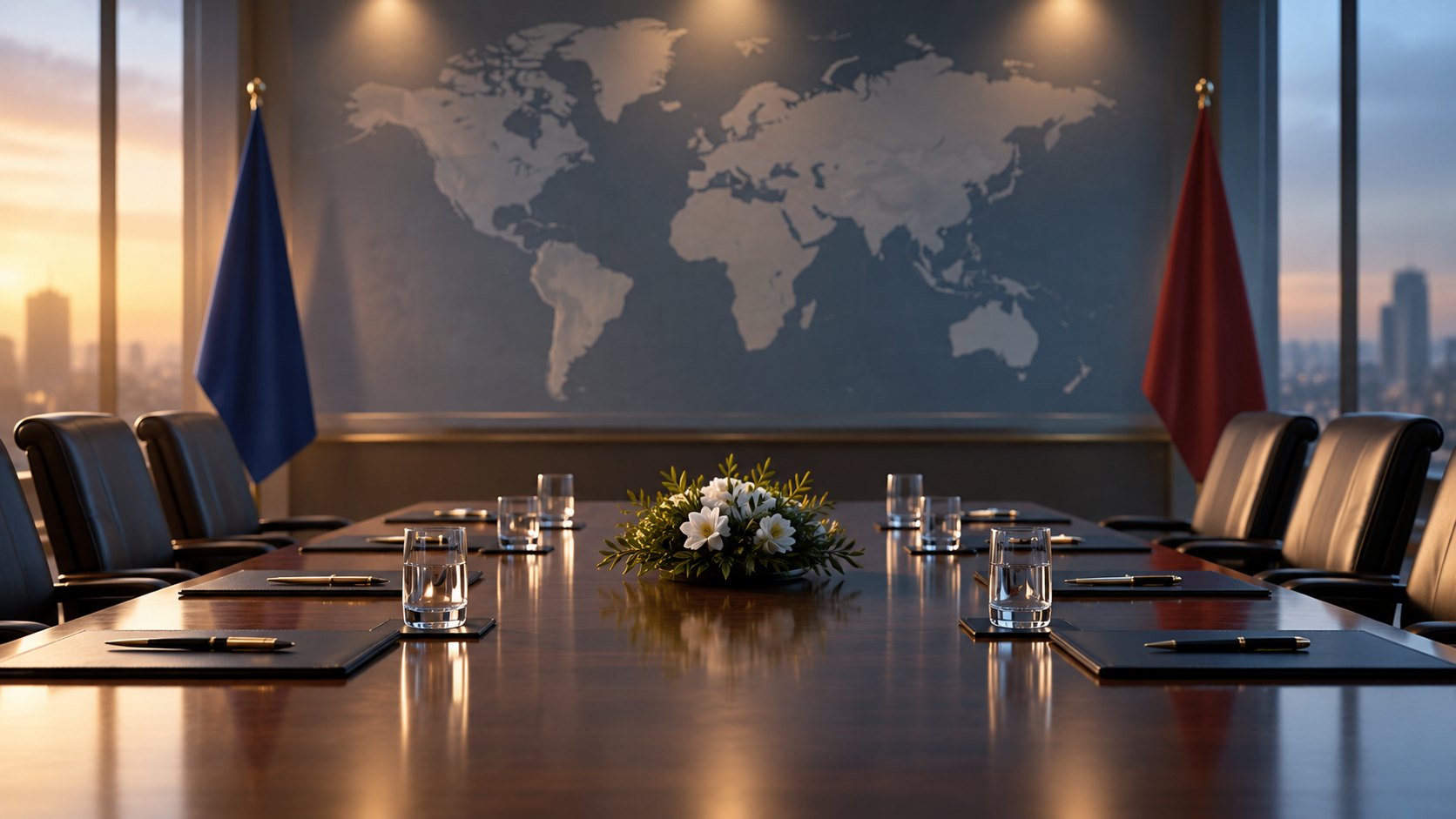 Editorial illustration of an empty international negotiating table