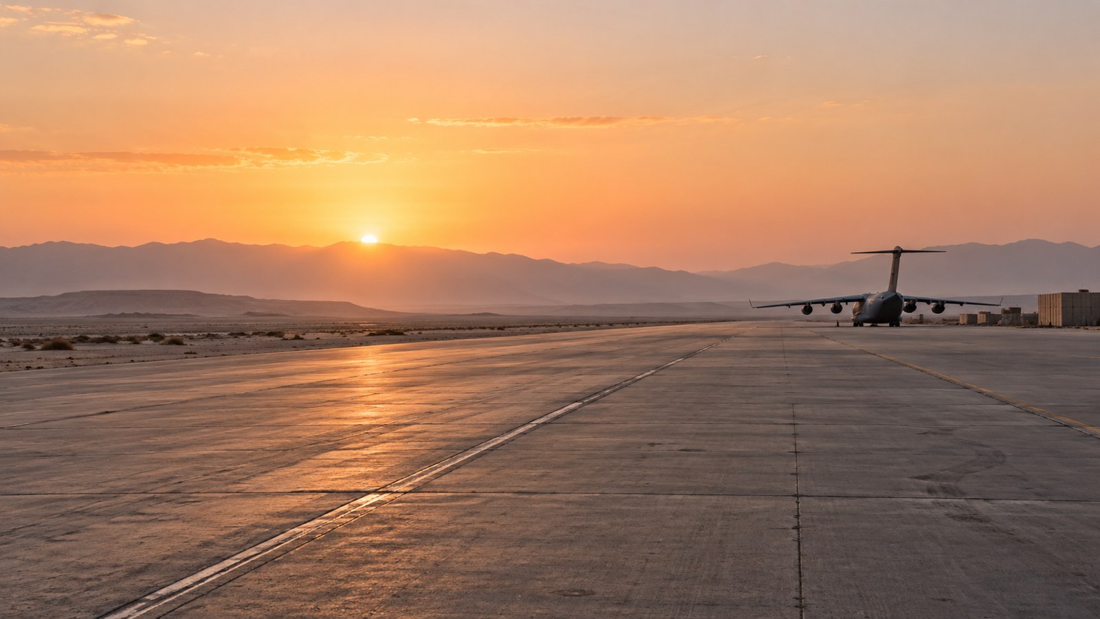 AI-generated editorial illustration of a desert airbase and a distant transport aircraft; not a photograph of the withdrawal