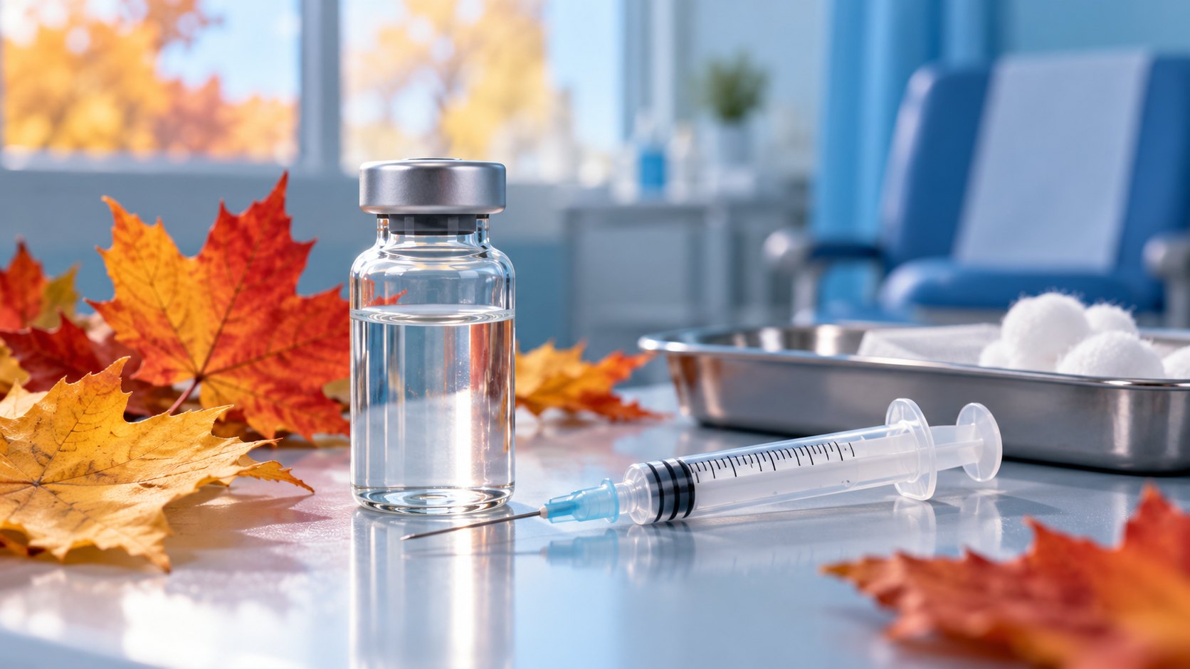 Editorial illustration of a vaccine vial and syringe with autumn leaves