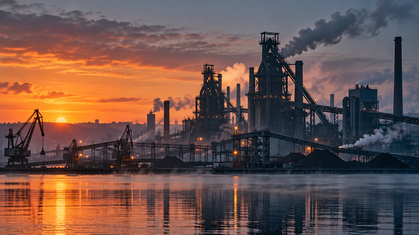 Editorial illustration of a steelworks beside a harbour at dawn