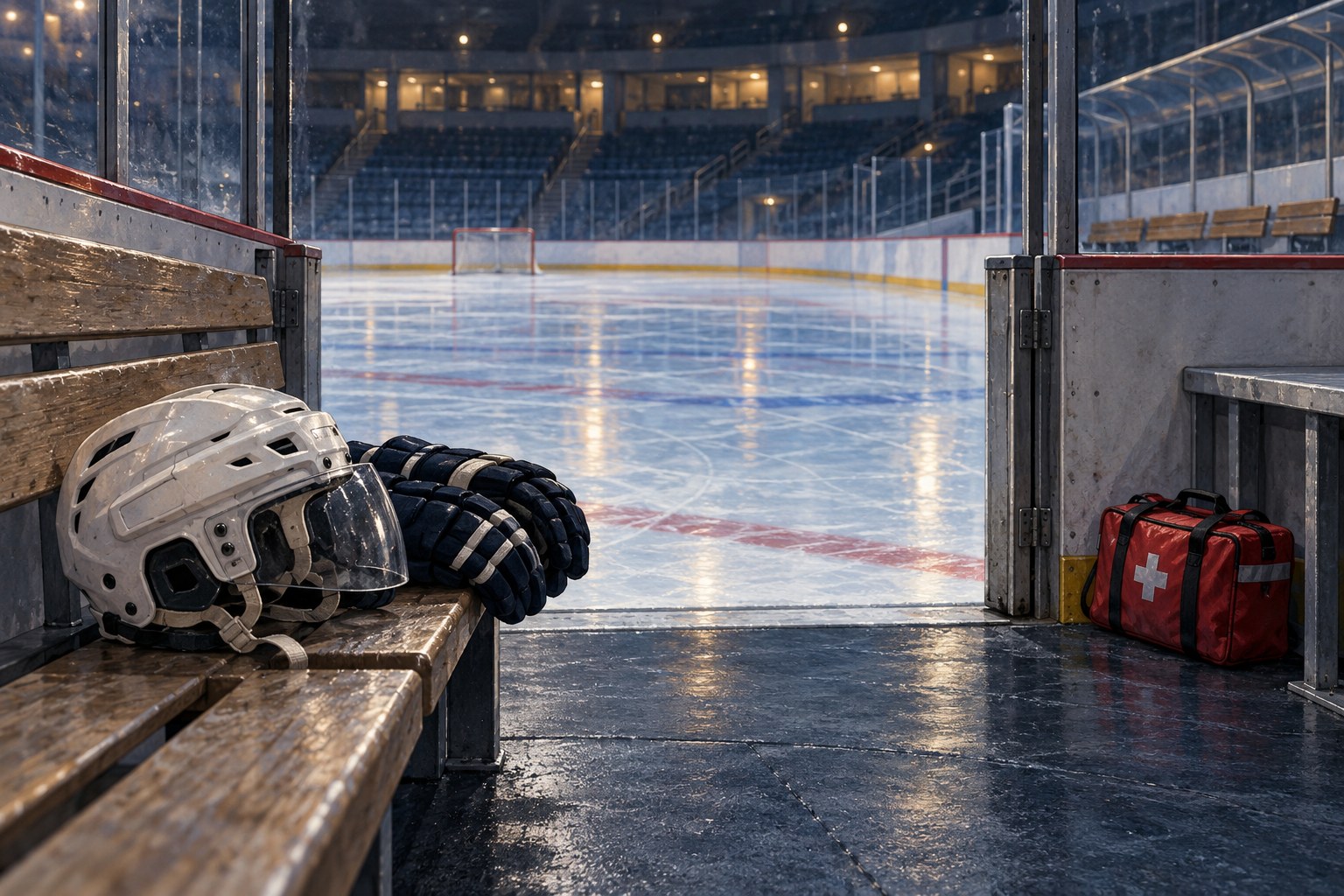 AI-generated editorial illustration of hockey equipment beside a rink; not Mayich, ASU or the workout.
