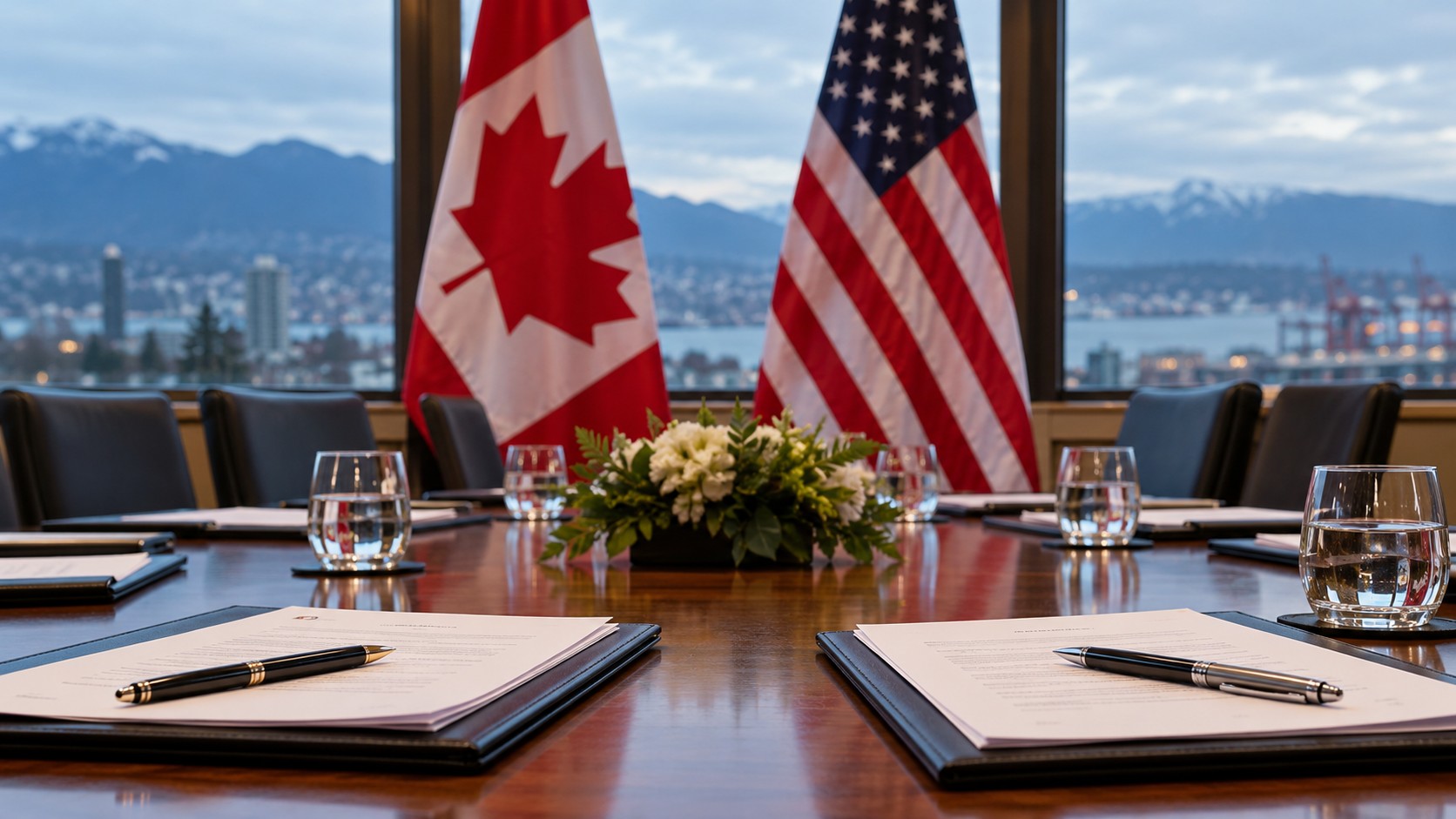 AI-generated editorial illustration of Canadian and U.S. trade; not a market chart