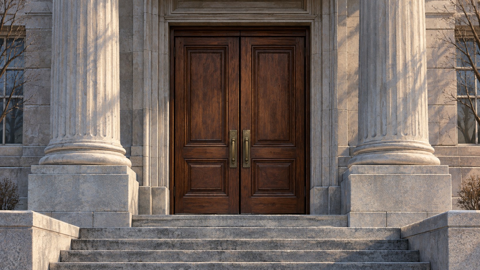 AI-generated editorial illustration of closed courtroom doors and stone columns