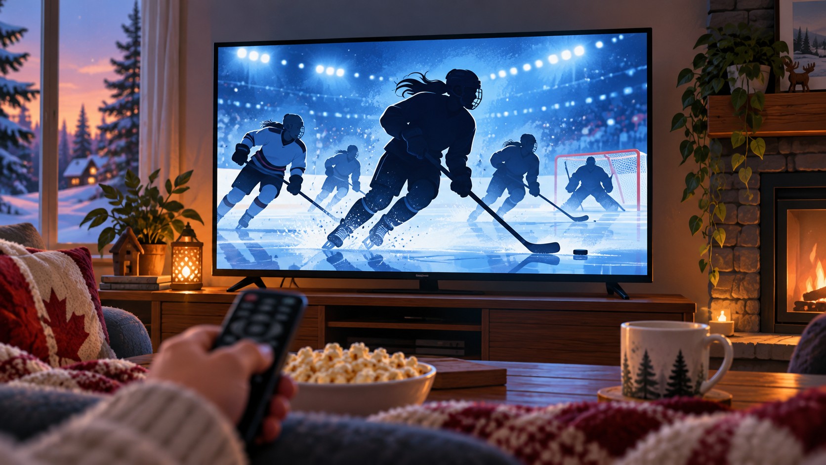AI-generated editorial illustration of unbranded women’s hockey on a television; not a CBC broadcast screenshot
