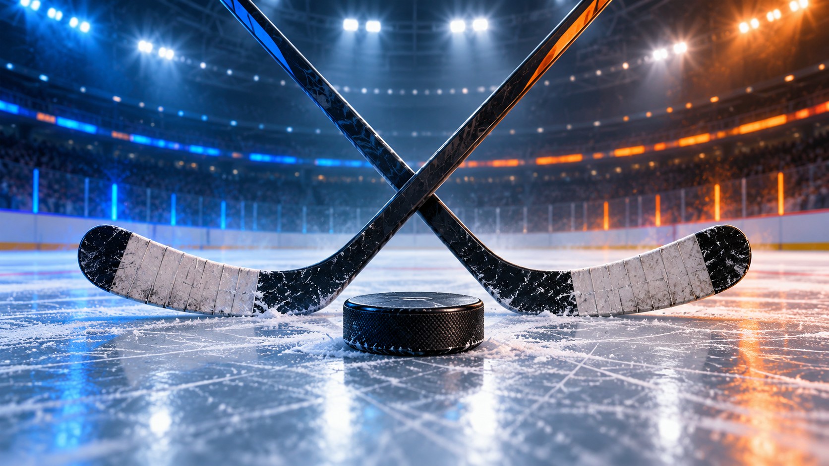 AI-generated archive illustration of hockey sticks and a puck; not the Oilers, Utah Mammoth, Delta Center or October 17 game