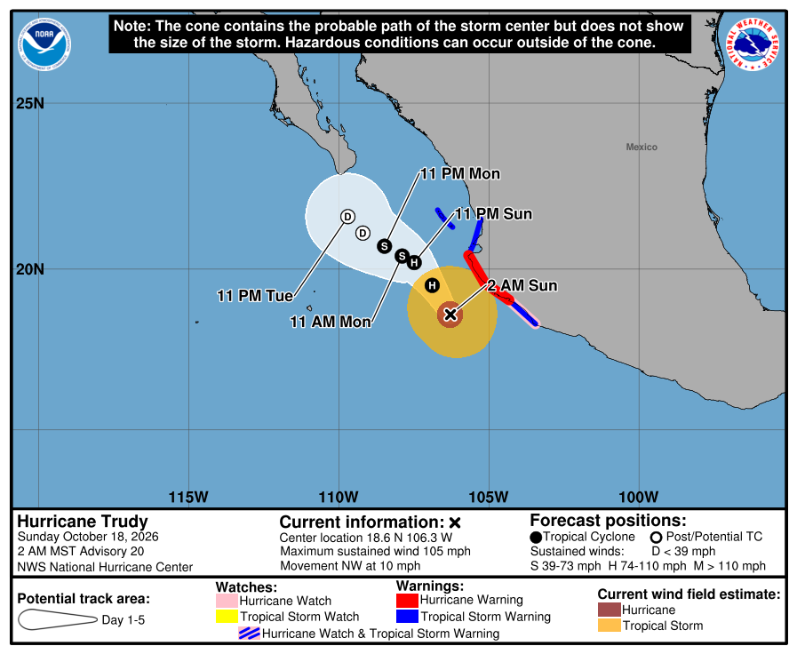 Official NOAA/NHC Hurricane Trudy advisory 20 forecast cone, October 18, 2026 at 2 a.m. MST (5 a.m. Toronto); probable storm-centre path, not the full hazard area